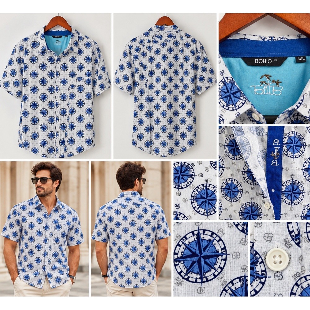 Boho Men's Shirt 3XL Blue White Compass Print Long Sleeve Button Front(10-b50)